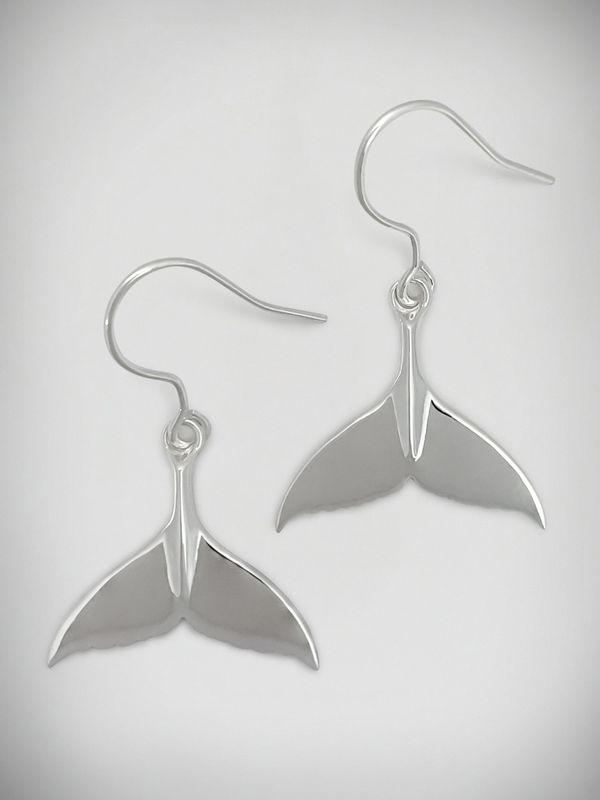 Moko Pounamu Whale Tail Sterling Silver Drop Earrings - WT2