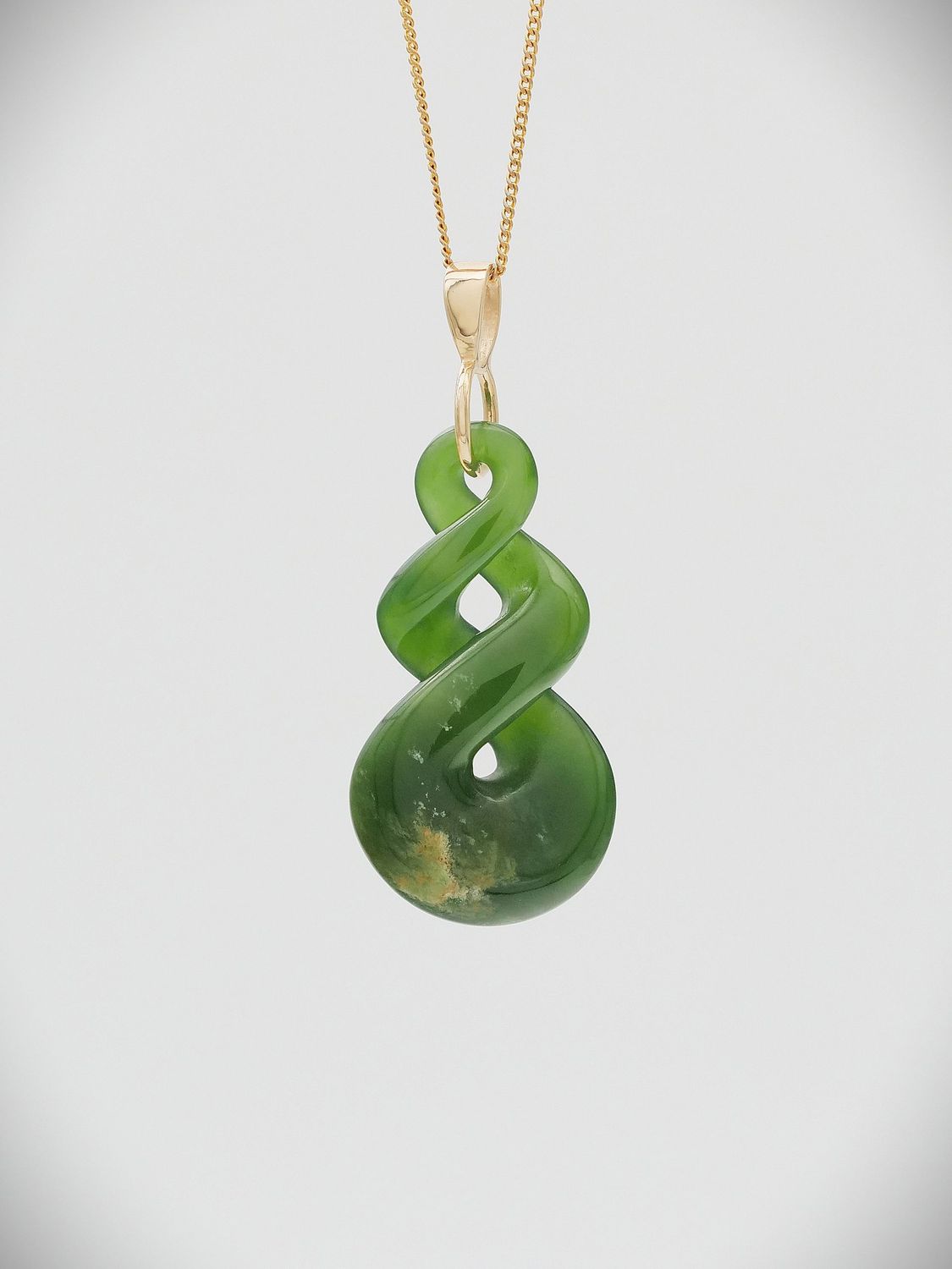 Moko Pounamu Double Pikorua (Twist) NZ Genuine Kahurangi Flower Greenstone 9ct Gold Pendant - Rangiwahia