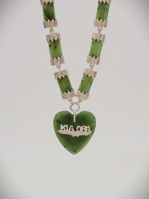Moko Pounamu Kia Ora Heart NZ Genuine Kawakawa Greenstone Sterling Silver Necklace - Manawa