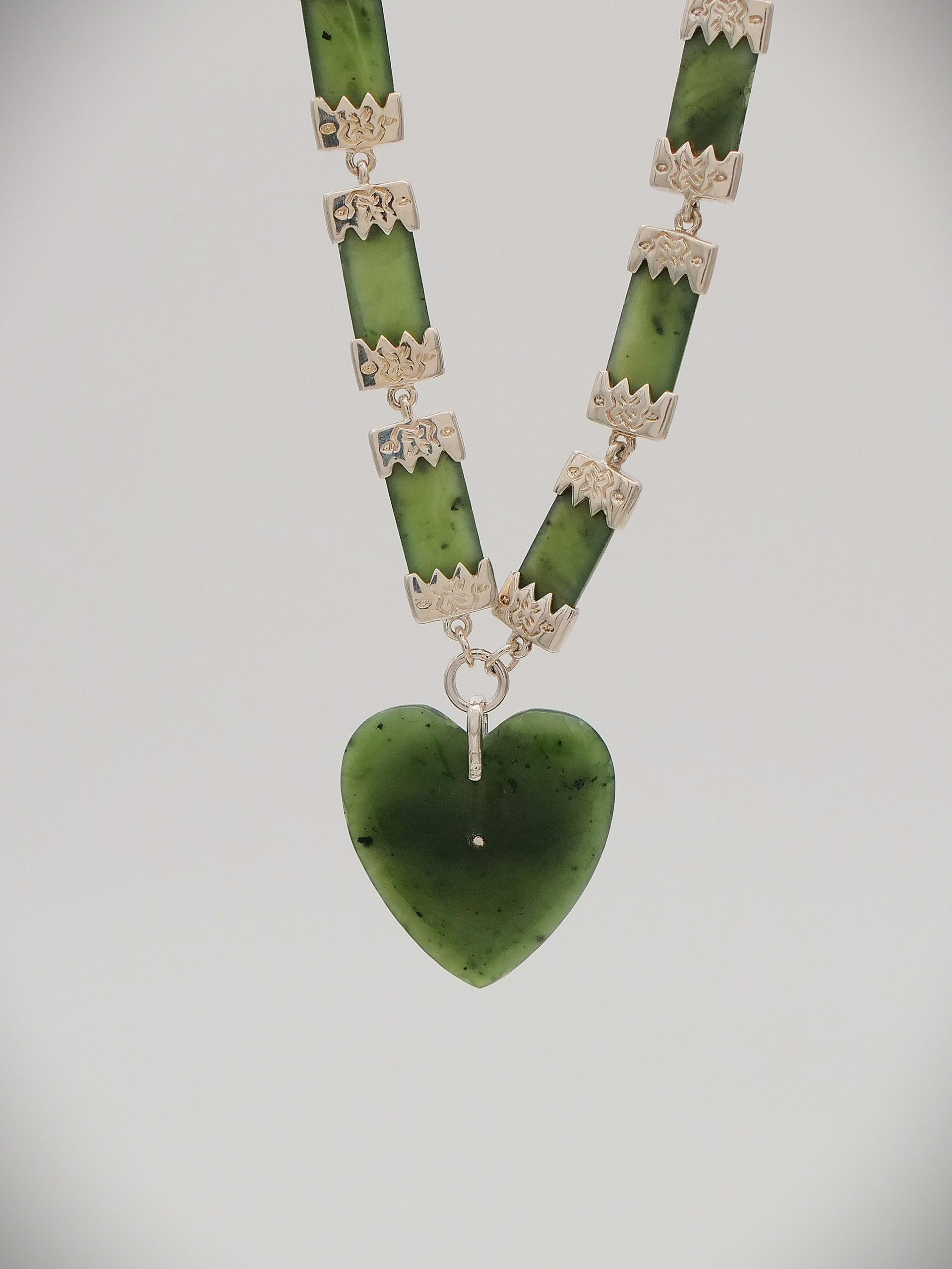 Moko Pounamu Kia Ora Heart NZ Genuine Kawakawa Greenstone Sterling Silver Necklace - Manawa