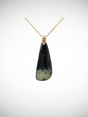 Moko Pounamu Gilt Jewellery Roimata (Teardrop) NZ Genuine Kawakawa Flower Greenstone & 9ct Filigree Gold - Otaupiri