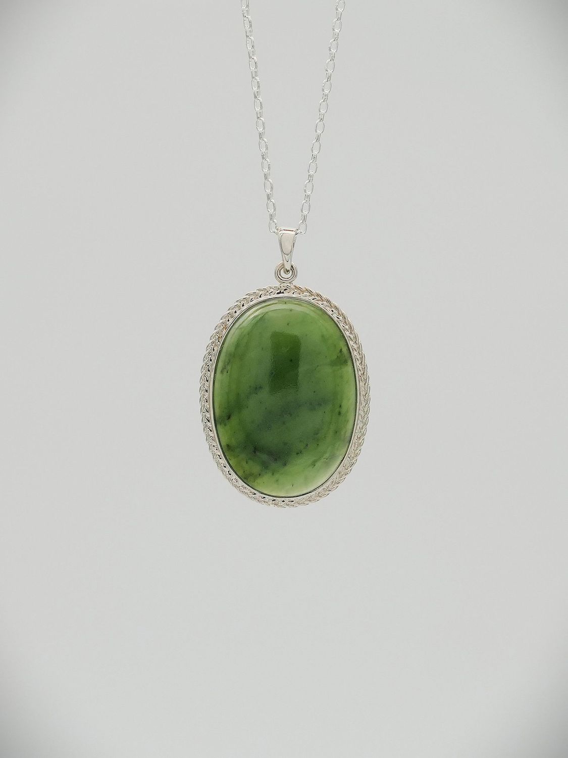Moko Pounamu NZ Genuine Greenstone and Sterling Silver Oval Cabochon Pendant - P32S