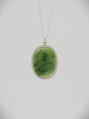 Moko Pounamu NZ Genuine Greenstone and Sterling Silver Oval Cabochon Pendant - P32S