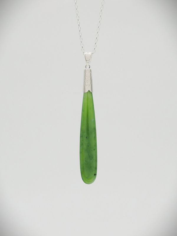 Moko Pounamu Greenstone and Silver Silver Teardrop Pendant Lrg - P49s