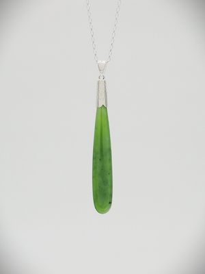 Moko Pounamu Greenstone and Silver Silver Teardrop Pendant Lrg - P49s