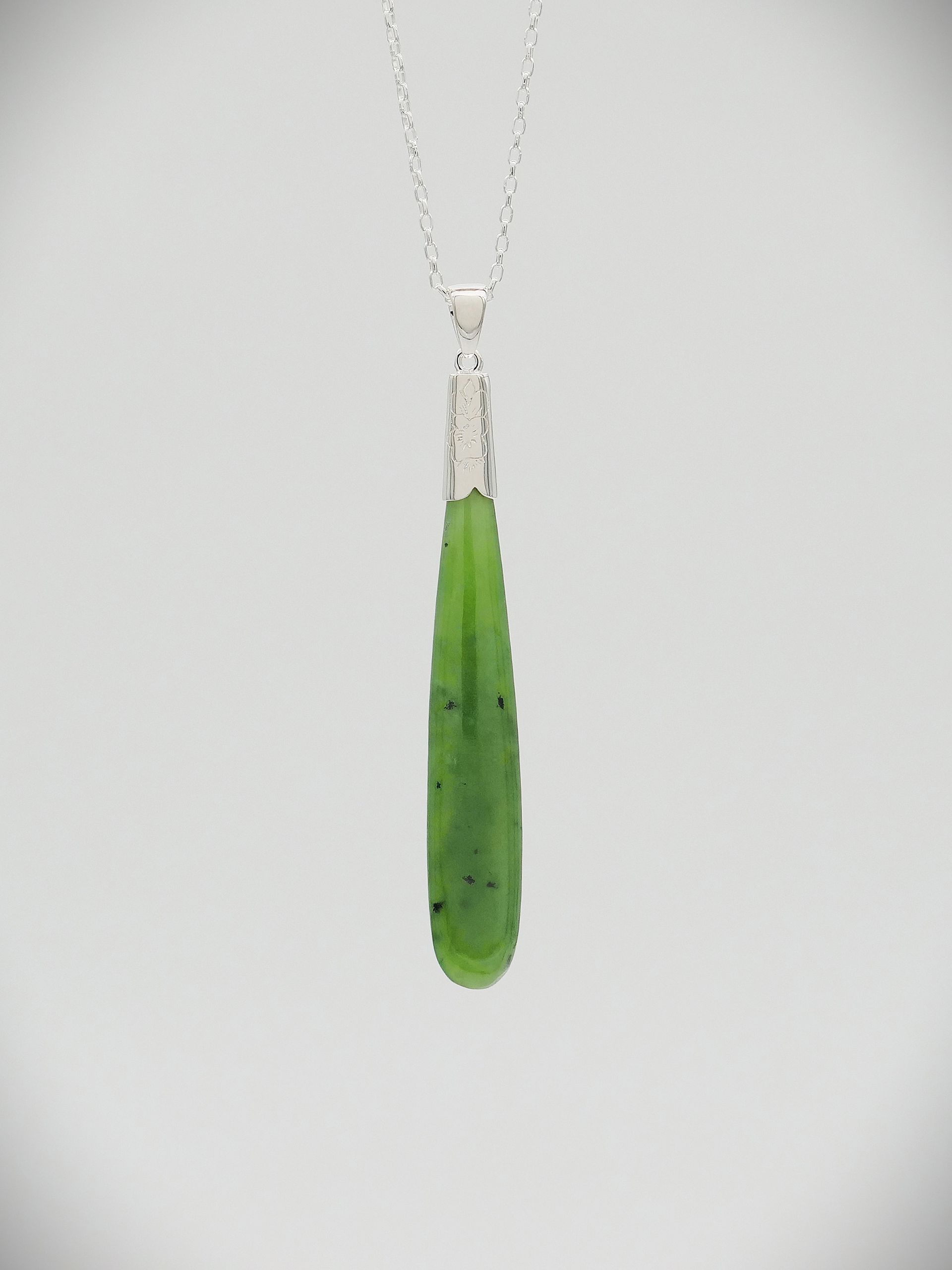 Moko Pounamu Greenstone and Silver Silver Teardrop Pendant Large - P49s