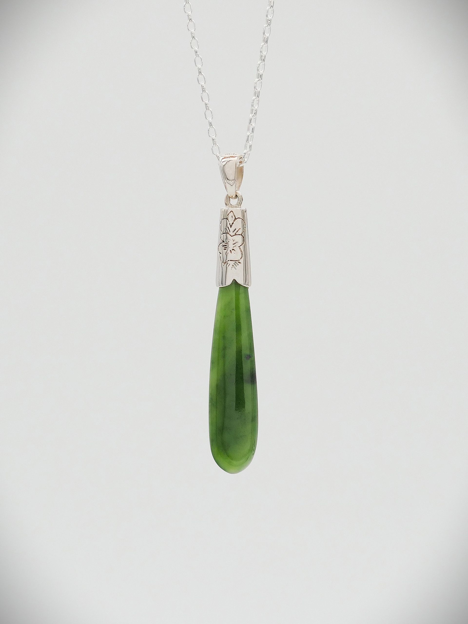 Moko Pounamu NZ Genuine Greenstone and Sterling Silver Drop Pendant - P39S