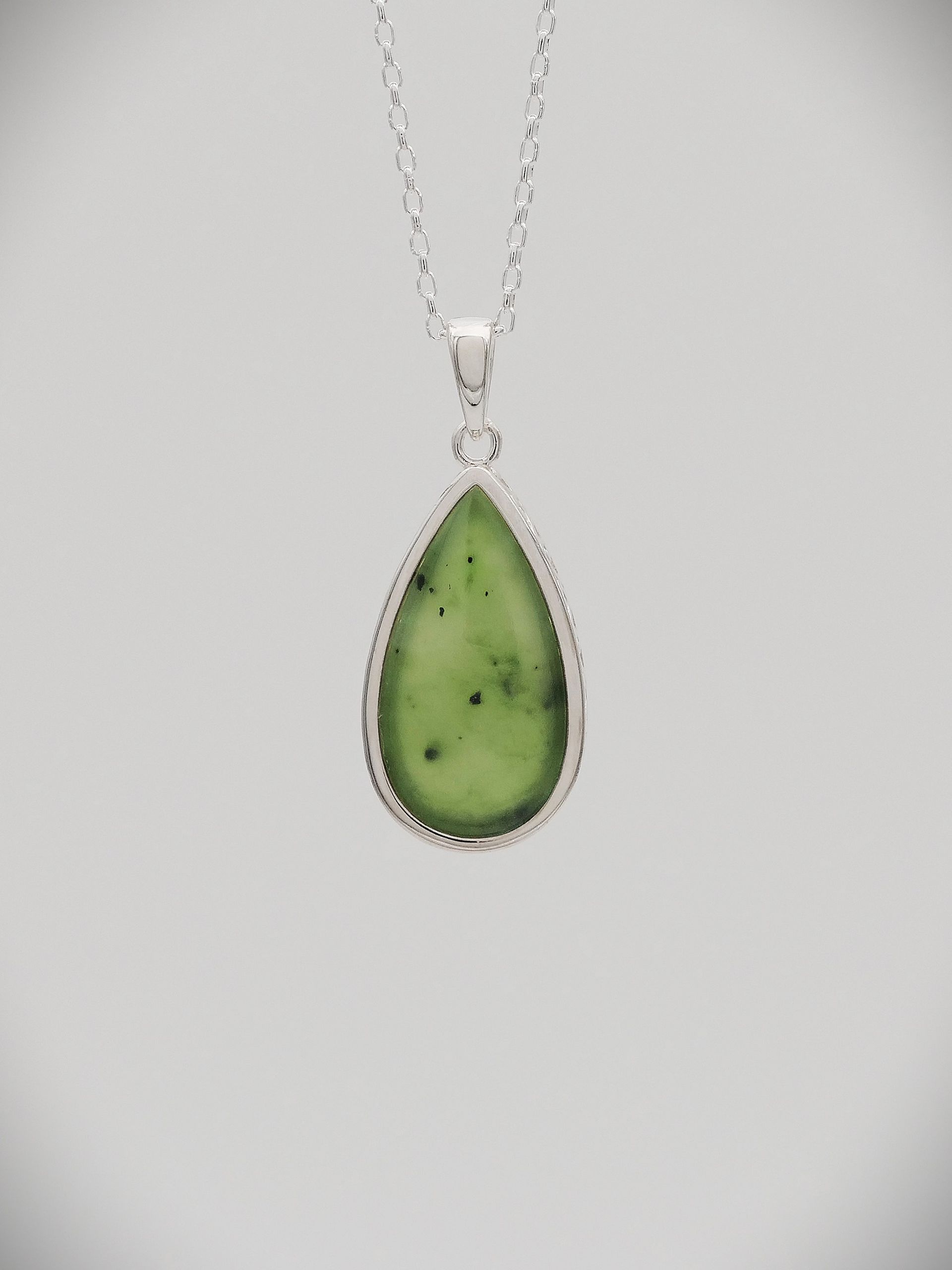 Moko Pounamu Greenstone and Silver Double Koru Filigree Teardrop Pendant - KTD1​