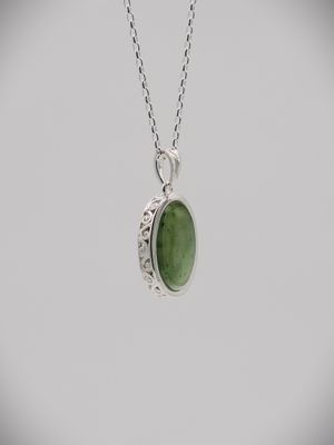 Moko Pounamu Greenstone and Sterling Silver Double Koru Filigree Oval Pendant - KO1​