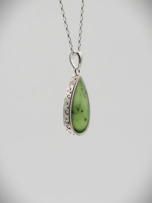 Moko Pounamu Greenstone and Silver Double Koru Filigree Teardrop Pendant - KTD1​
