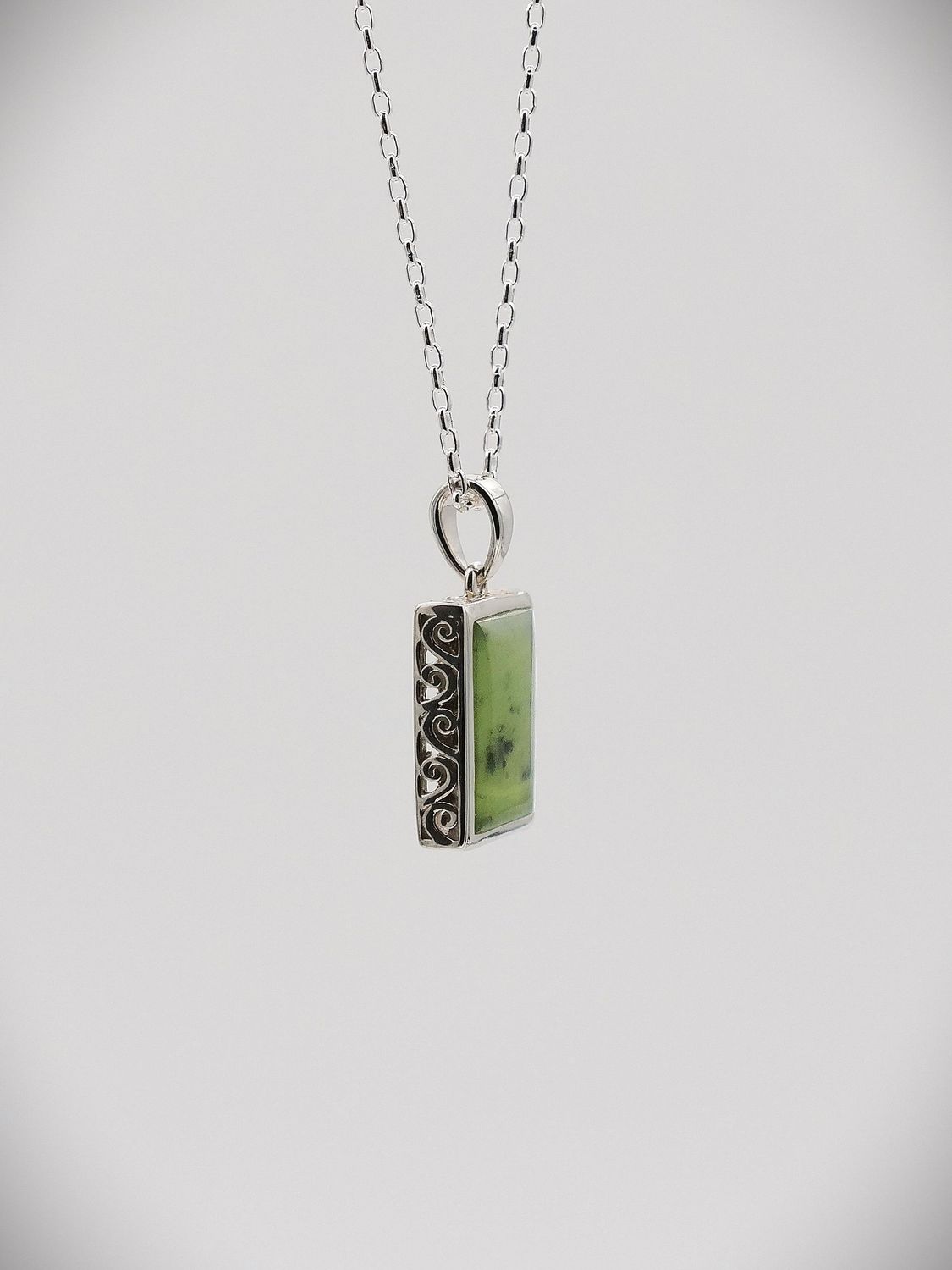 Moko Pounamu Greenstone and Silver Double Koru Filigree Rectangle Pendant - KS1
