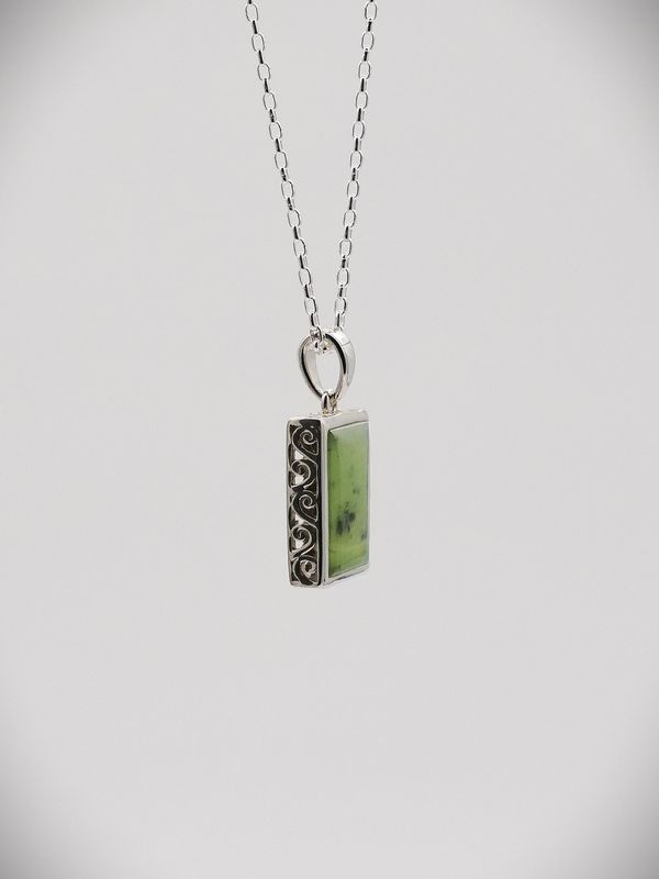 Moko Pounamu Greenstone and Silver Double Koru Filigree Rectangle Pendant - KS1 SALE