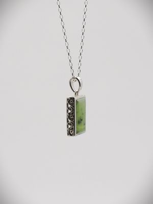 Moko Pounamu Greenstone and Silver Double Koru Filigree Rectangle Pendant - KS1