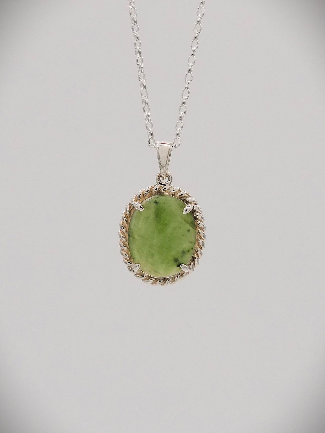 Moko Pounamu NZ Genuine Greenstone and Sterling Silver Oval Cabochon Pendant - P34S