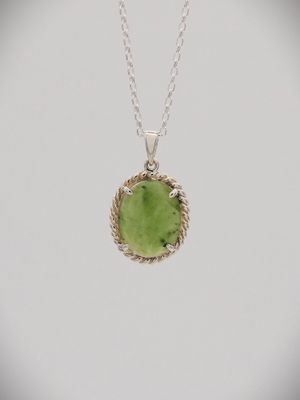 Moko Pounamu NZ Genuine Greenstone and Sterling Silver Oval Cabochon Pendant - P34S