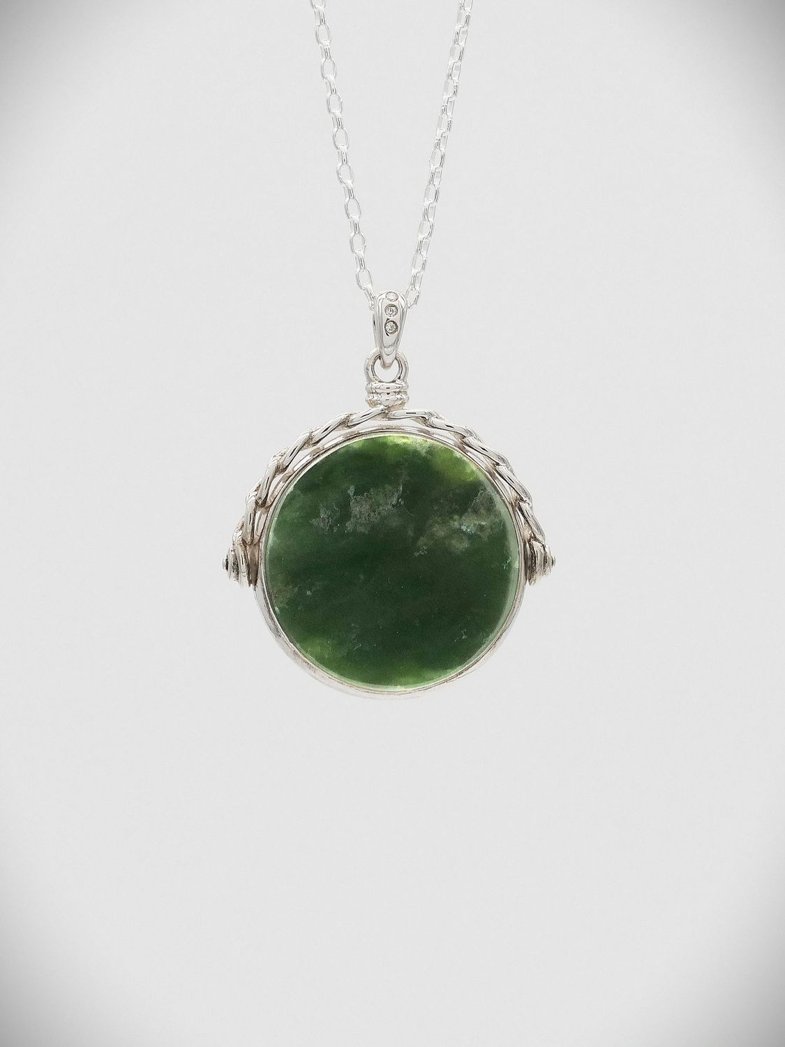 Moko Pounamu NZ Genuine Greenstone, Black Jade  and Sterling Silver Reversible Pendant Lrg - P41S