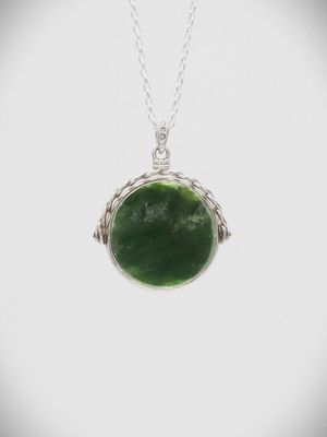 Moko Pounamu NZ Genuine Greenstone, Black Jade  and Sterling Silver Reversible Pendant Lrg - P41S