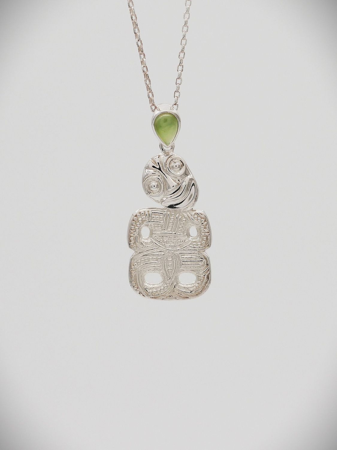 Moko Pounamu NZ Genuine Greenstone and Sterling Silver Tiki Pendant - T1S