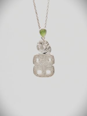 Moko Pounamu NZ Genuine Greenstone and Sterling Silver Tiki Pendant - T1S