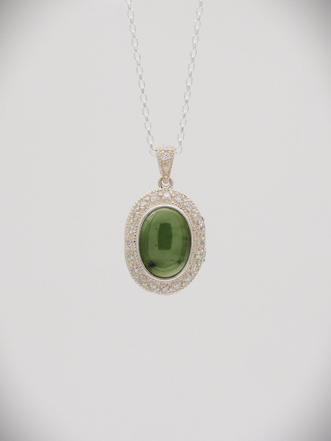 Moko Pounamu Locket NZ Genuine Kahurangi Greenstone, White Sapphires & Sterling Silver Lrg - P31LS
