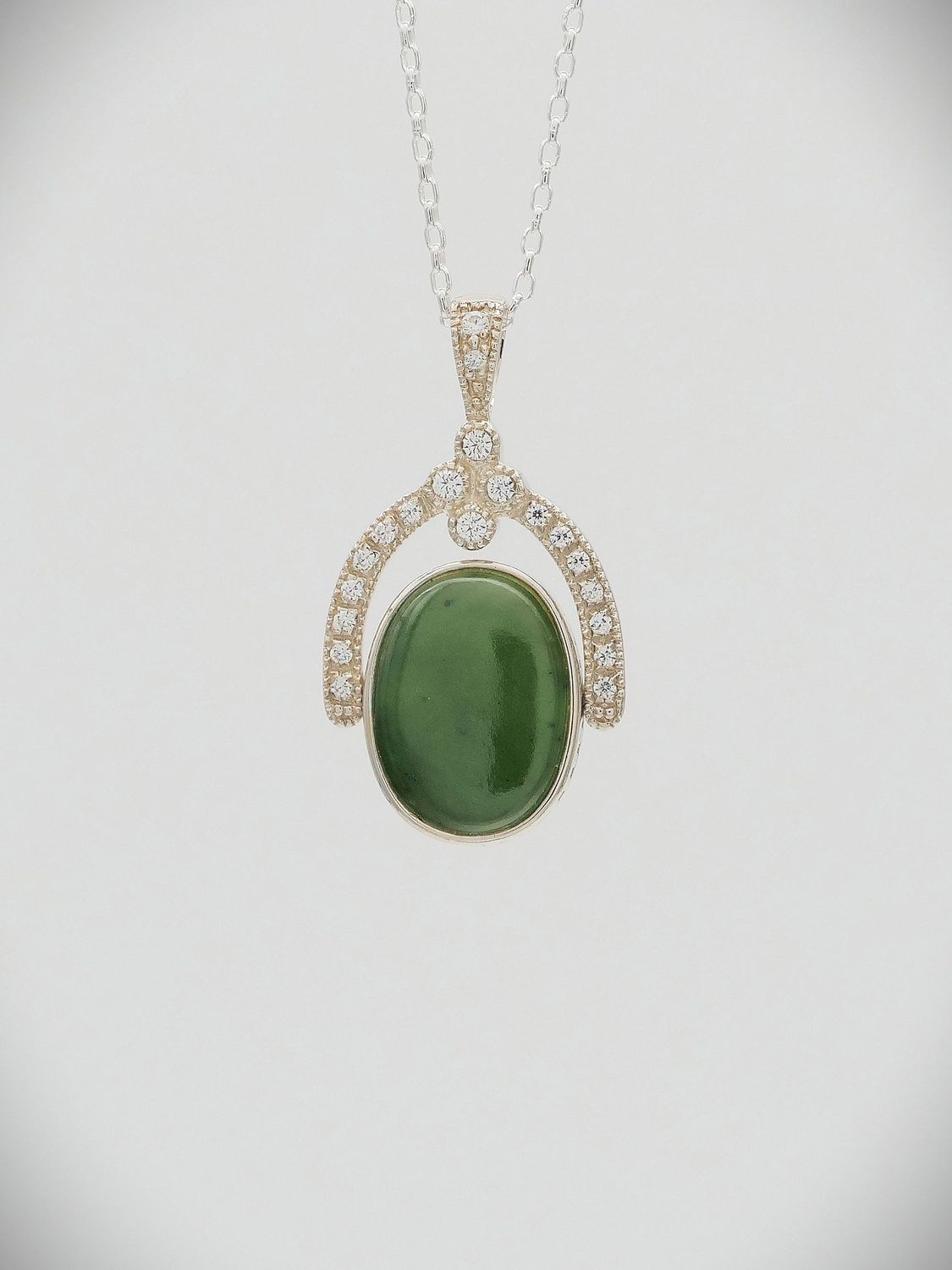 Moko Pounamu NZ Genuine Greenstone, Black Jade  and Silver with White Sapphire Pendant Lrg - P37S