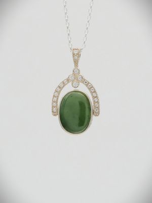 Moko Pounamu NZ Genuine Greenstone, Black Jade  and Silver with White Sapphire Pendant Lrg - P37S