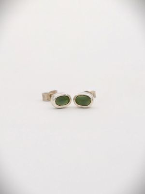 Moko Pounamu NZ Genuine Kahurangi Greenstone & Sterling Silver 7mm Oval Stud Earrings - Parinui
