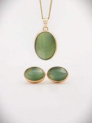 Moko Pounamu NZ Genuine Inanga Greenstone, 9ct Gold Cats Eye & Diamond Pendant & Earring Set - Waiohiki