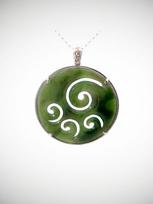 Moko Pounamu Porohita (Disc) Koru NZ Genuine Auhunga Greenstone & Silver - Herutui