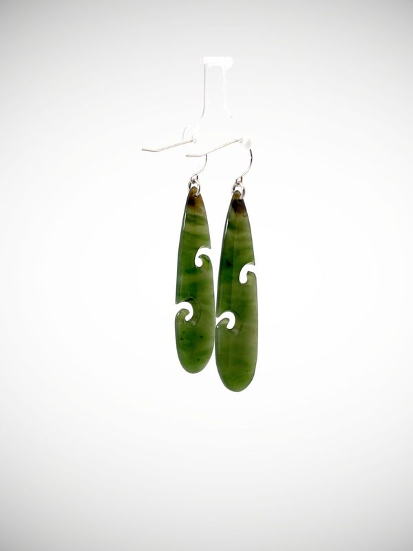 Moko Pounamu NZ Genuine Kahurangi Greenstone & Sterling Silver Earrings with Koru - Rarotoka