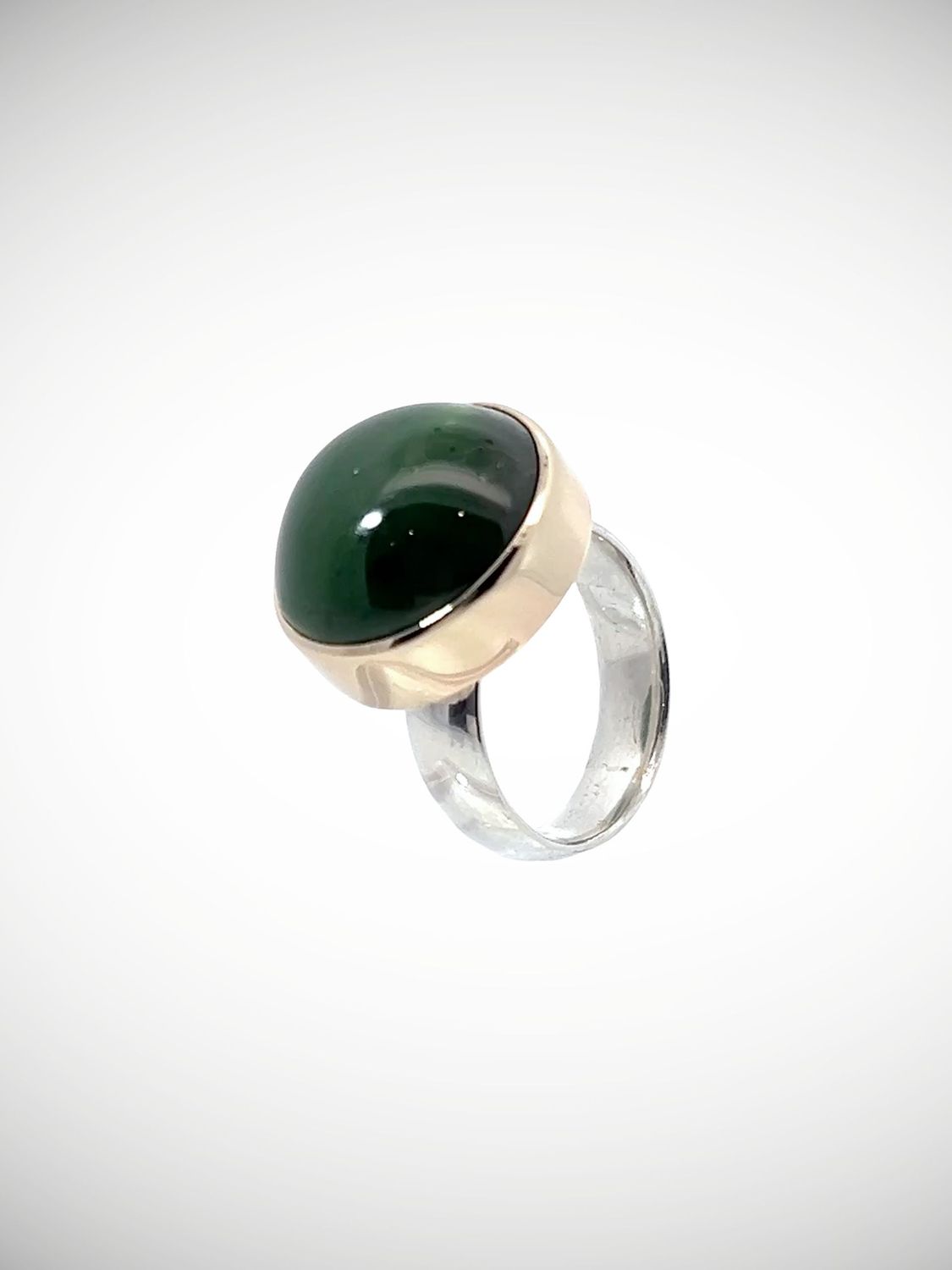 Moko Pounamu Jewellery NZ Genuine Yellow Gold Set Dome Cut Kahurangi Pounamu on Sterling Silver Band - Maitahi