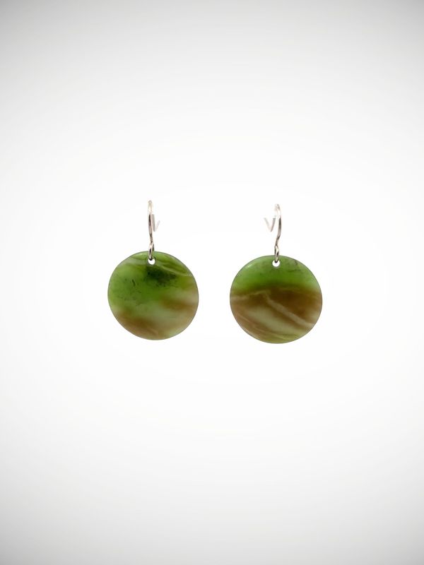 Moko Pounamu Porohita (Disc) NZ Genuine Kahurangi Greenstone & Sterling Silver Earrings - Takereha