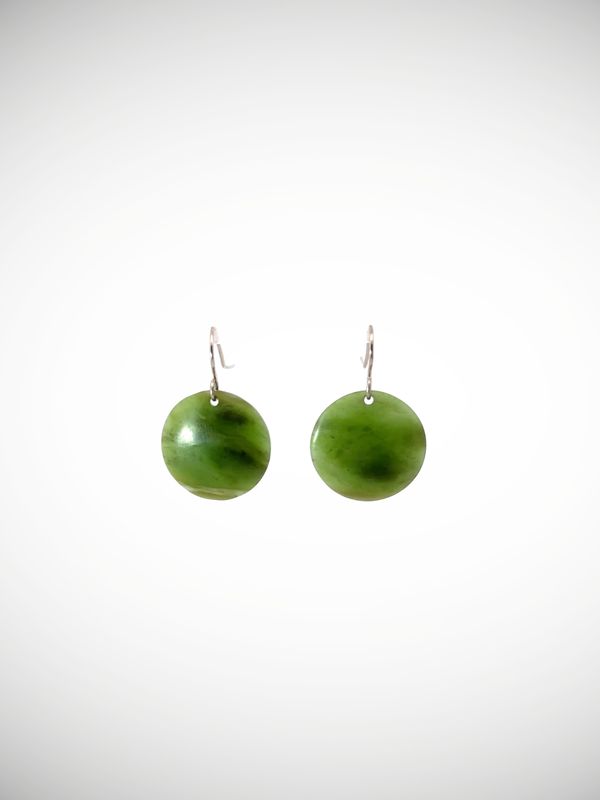 Moko Pounamu Porohita (Disc) NZ Genuine Auhunga Greenstone & Sterling Silver Earrings - Rawaka