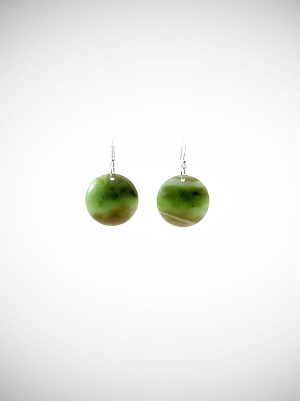 Moko Pounamu Porohita (Disc) NZ Genuine Kahurangi Greenstone & Sterling Silver Earrings - Makatipua