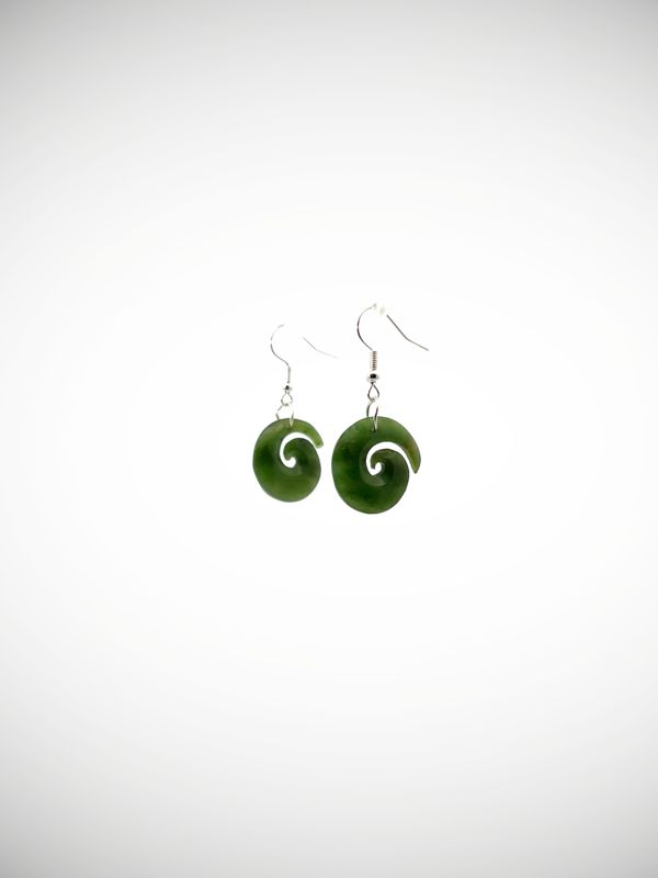 Moko Pounamu Koru NZ Kahurangi Greenstone & Sterling Silver Earrings - Otamatakou