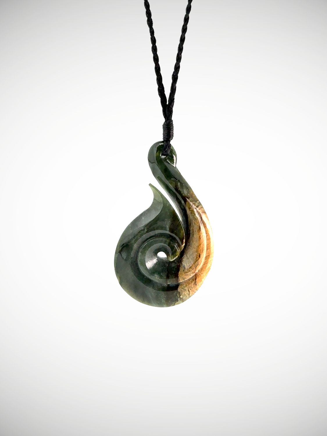 Moko Pounamu Hei Matau (Hook) NZ Genuine Kawakawa Flower Greenstone - Orau