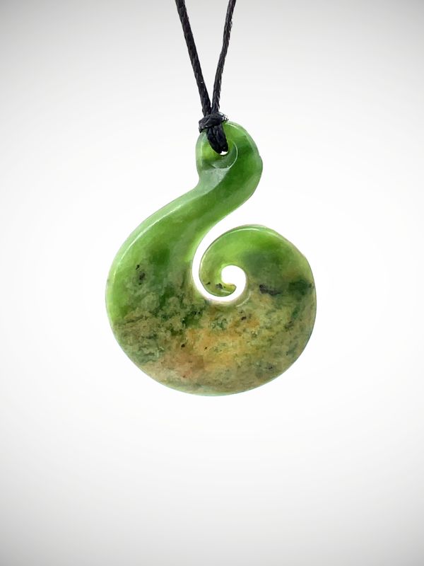 Moko Pounamu Hei Matau (Hook) NZ Genuine Kahurangi Flower Greenstone - Muriwai