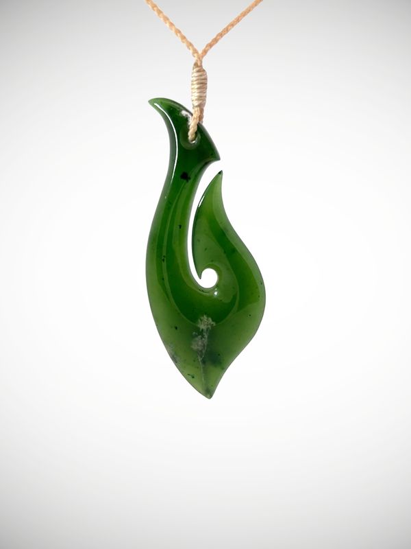 Moko Pounamu Hei Matau (Hook) NZ Genuine Kahurangi Flower Greenstone - Te Pohutu