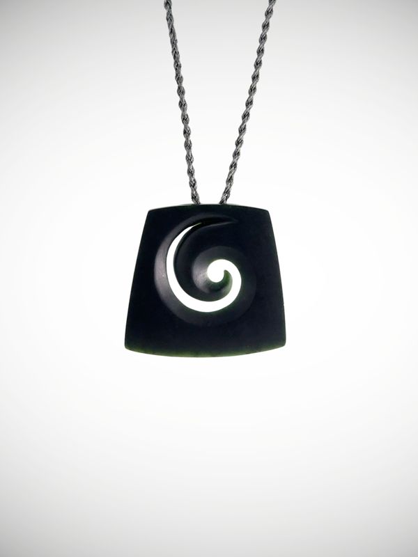 Moko Pounamu Contemporary Koru NZ Genuine Kawakawa Greenstone - Waitemata