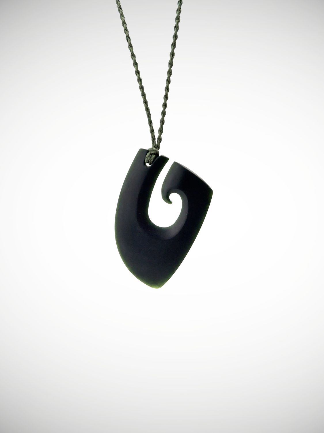 Moko Pounamu Hei Matau (Hook) NZ Genuine Kawakawa Greenstone - Harakeke