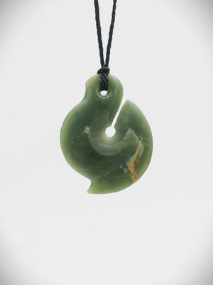 Moko Pounamu Hei Matau NZ Genuine Inanga Flower Greenstone - Kuripapango