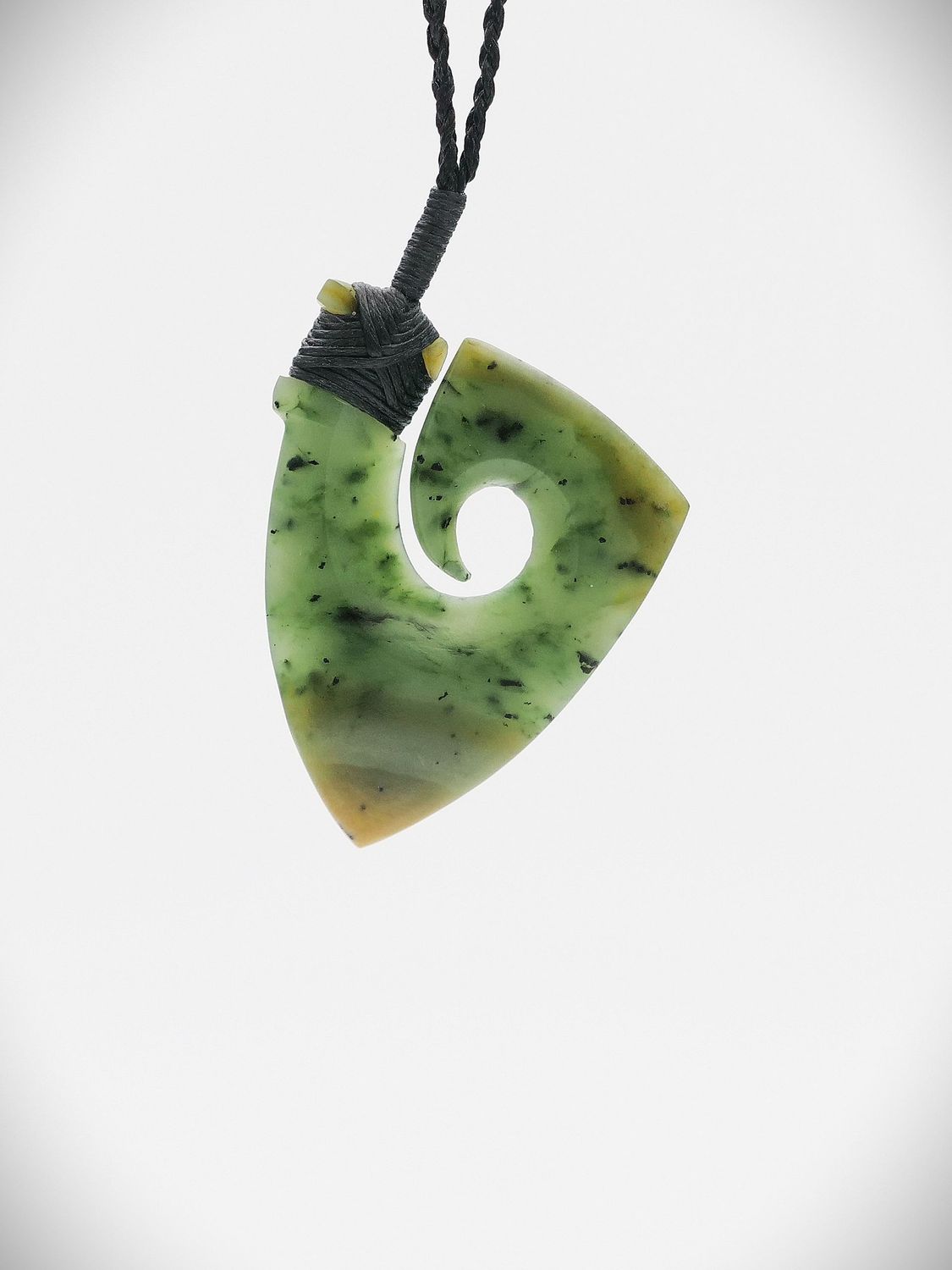 Moko Pounamu Hei Matau NZ Genuine Kawakawa Flower Greenstone - Waimarino