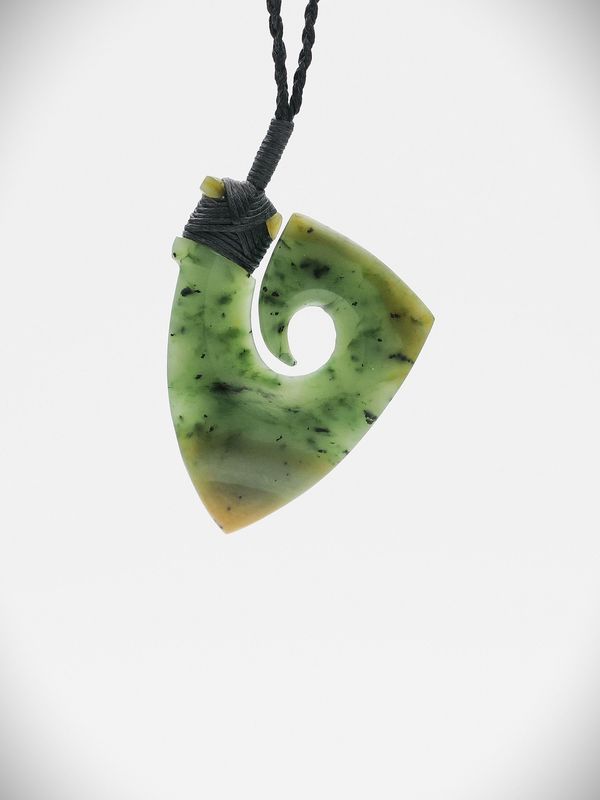 Moko Pounamu Hei Matau NZ Genuine Kawakawa Flower Greenstone - Waimarino