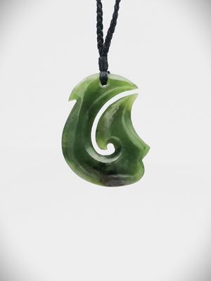 Moko Pounamu Hei Matau (Hook) NZ Genuine Kawakawa Greenstone - Papakaio