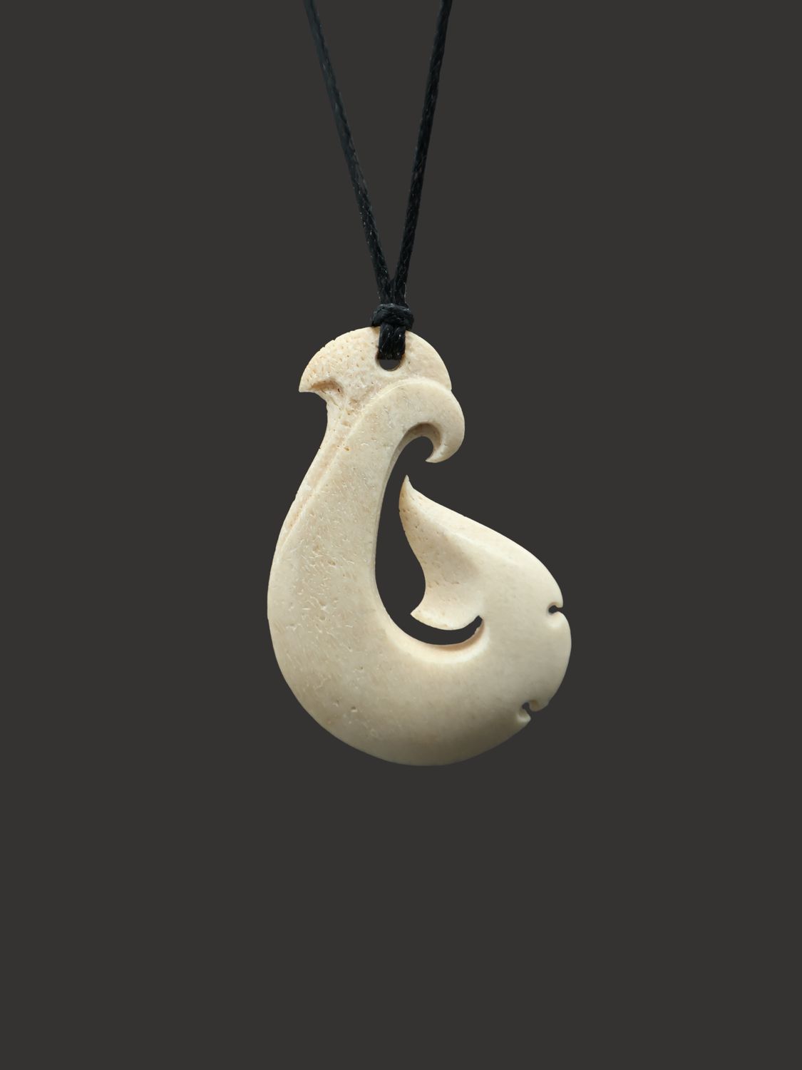 Moko Pounamu Hei Matau (Hook) Whale Bone Carving - Hokakura