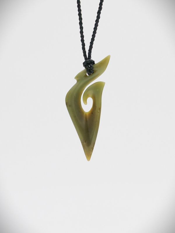 Moko Pounamu Hei Matau (Hook) NZ Genuine Inanga Greenstone - Romahapa