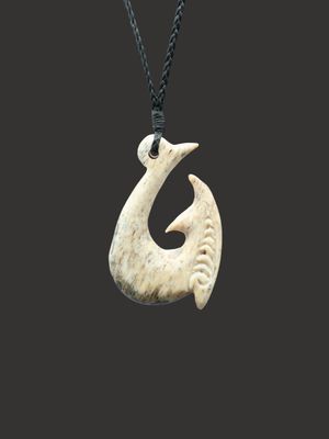 Moko Pounamu Hei Matau (Hook) Whale Bone Carving - Purakaunui