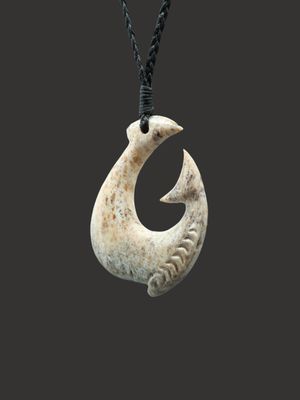 Moko Pounamu Hei Matau (Hook) Whale Bone Carving - Manuhaea