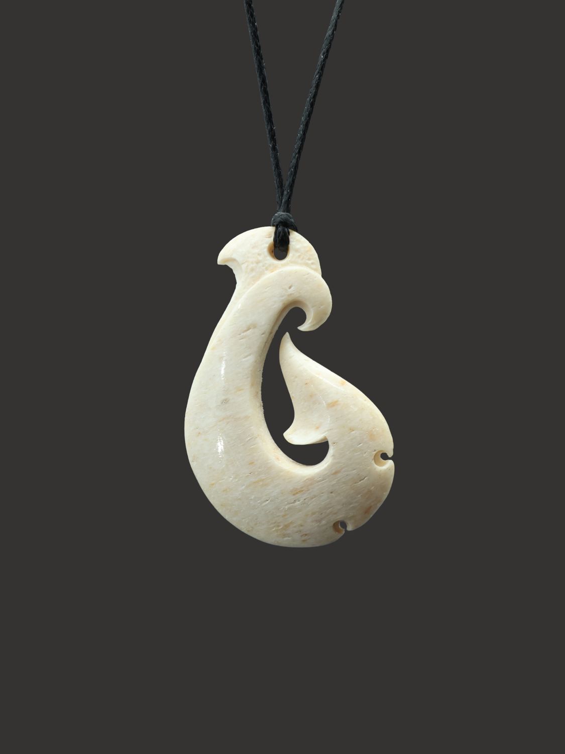 Moko Pounamu Hei Matau (Hook) Whale Bone Carving - Takerehaka