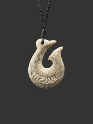 Moko Pounamu Hei Matau (Hook) Whale Bone Carving - Aromahana